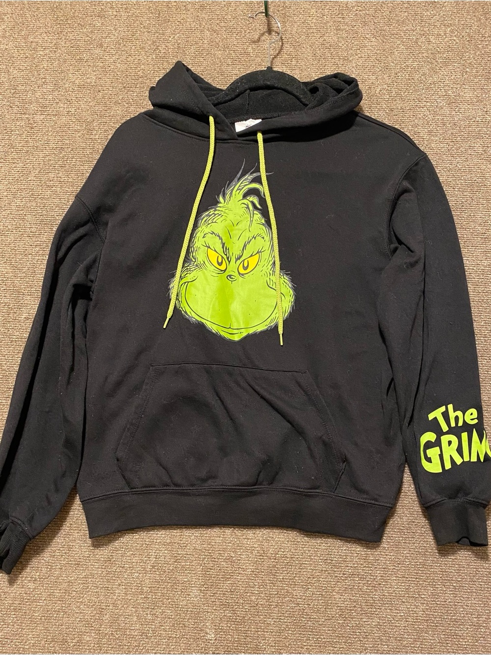 Black Hoodie with Neon Green Grinch Graphic and Drawstrings